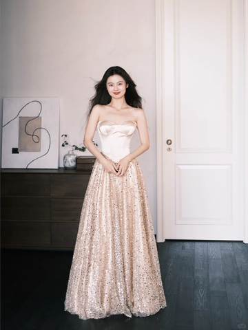 A Line Sweetheart Neck Champagne Satin Sequin Prom Dress Party Dresses HZ1023